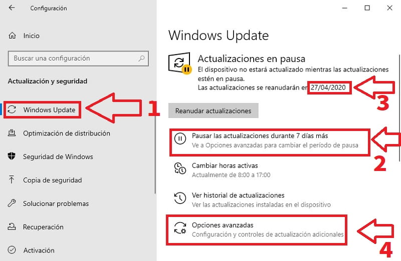 detener actualizaciones windows 10 en marcha