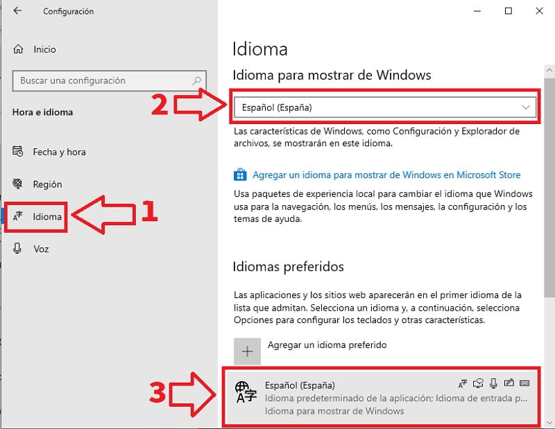 idioma para mostrar en windows 10.