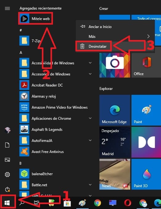 eliminar mitele windows 10.