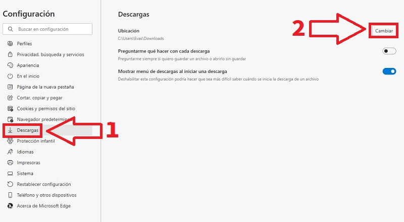 pone otra ruta en microsoft edge.