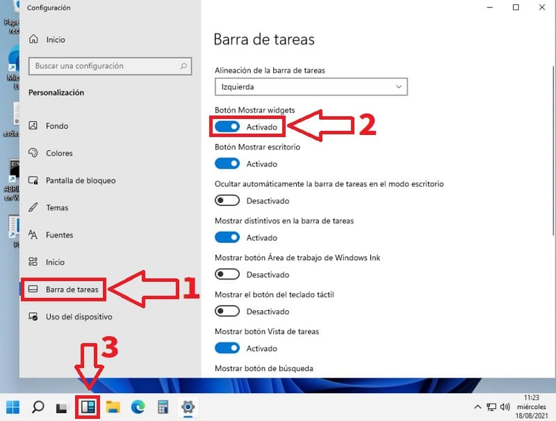 habilitar widgets en barra tareas windows 11.