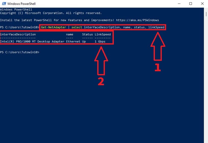 adaptador velocidad Windows PowerShell..