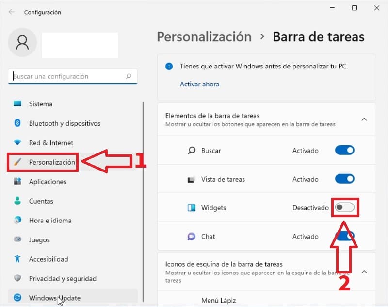 Habilitar Widget barra tareas Windows 11.