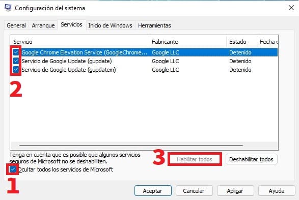 Habilitar Servicios en Windows 11.