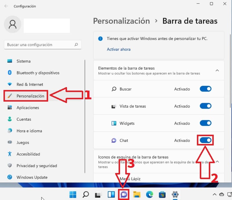Ver icono de Chat barra tareas Windows 11.