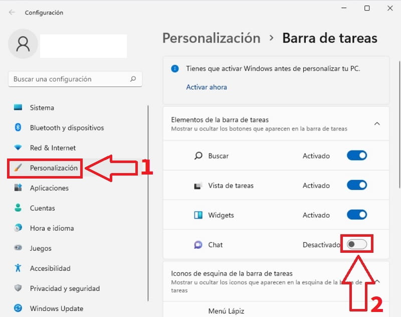 Quitar Chat Microsoft Teams de barra de tareas de Windows 11.