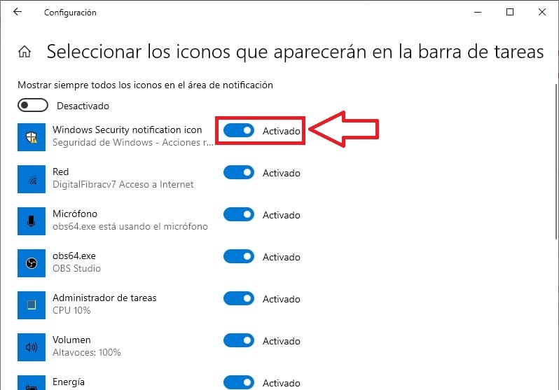 Windows Defender no se ve en barra de tareas.