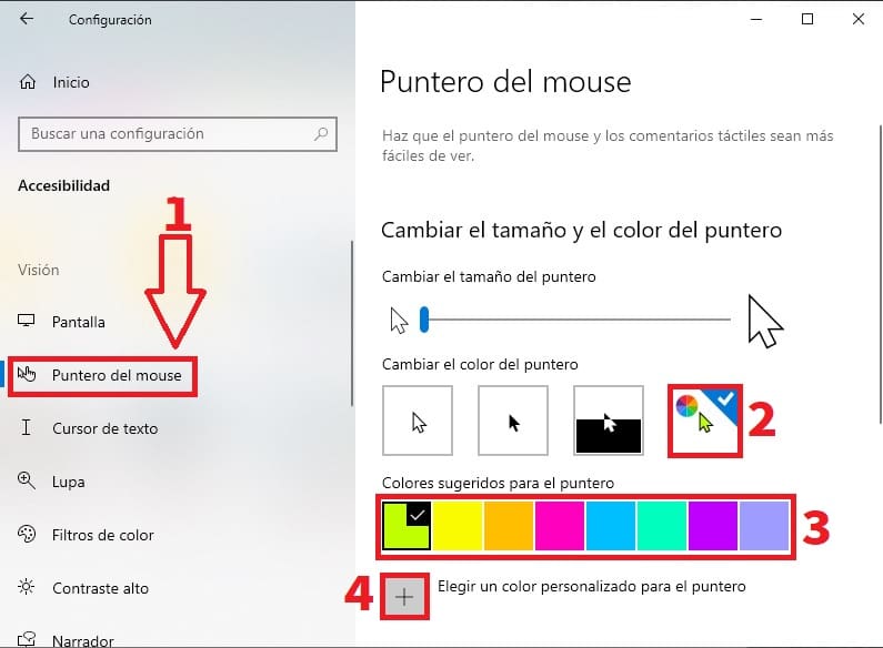 cambiar el color del ratón en Windows 10