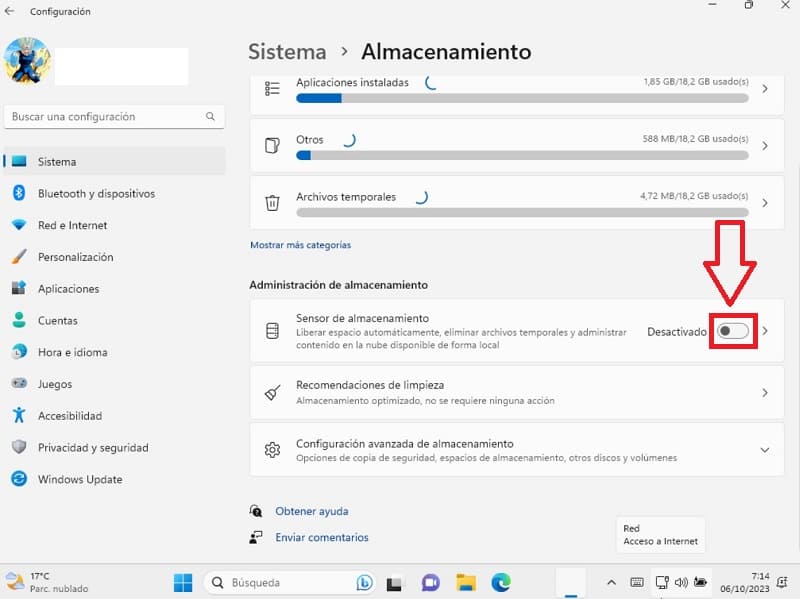 Desactivar sensor de almacenamiento.